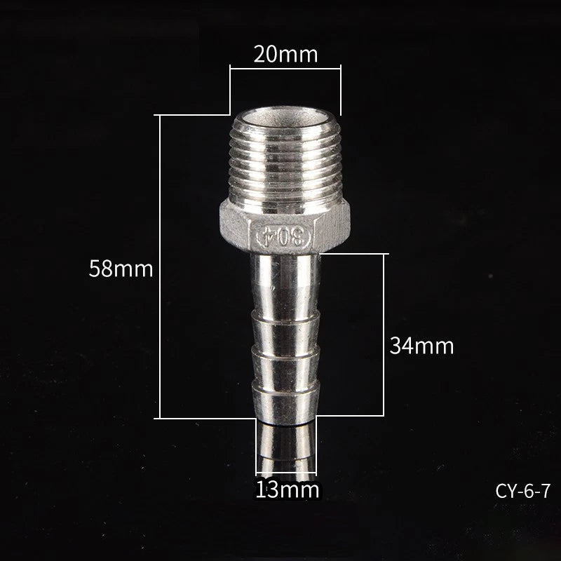1/2" & 3/4" BSP Male Thread Hose Barb Tail Connector — Stainless Steel
