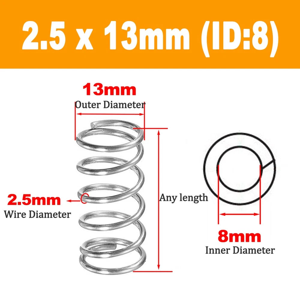 304 Stainless Steel Compression Spring Wire Dia 2.5mm, L 20-100mm, OD 12-36mm