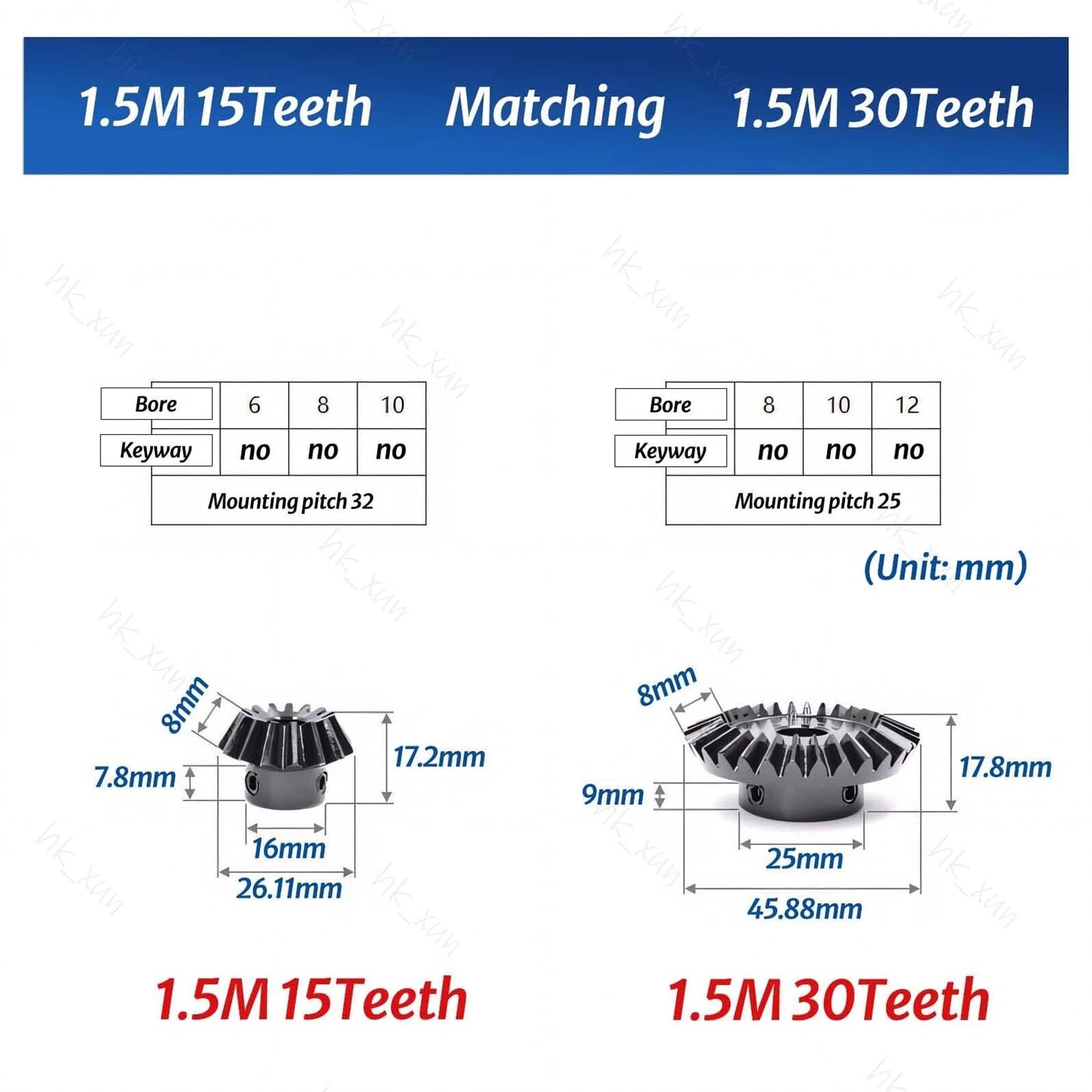 1/1.5/2 Mod 15-40 Tooth 1:2 Metal Motor Bevel Gears 90° Pairing Gear 45# Steel