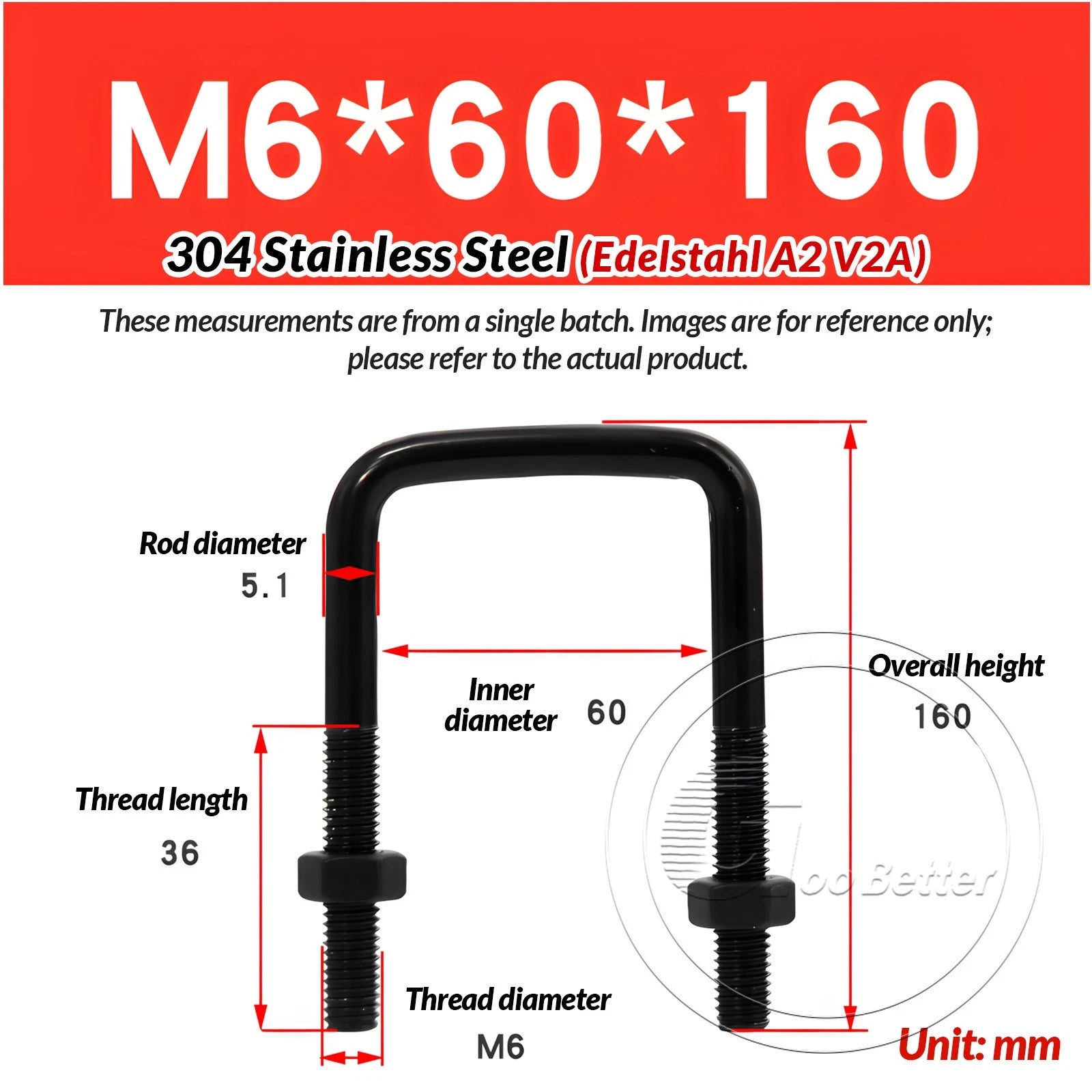 M6 M8 M10 Square U-Bolts Black 304 Stainless Steel with Nuts For Boat Trailer