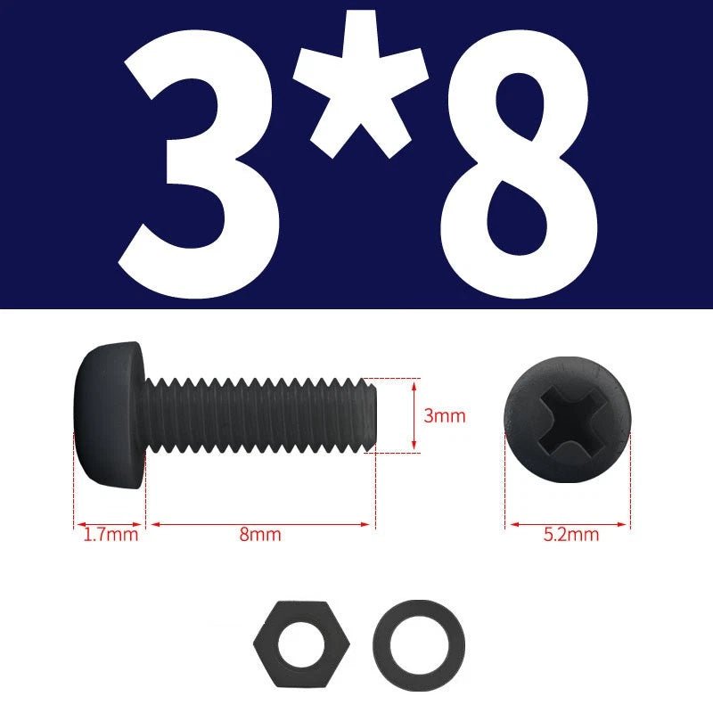 Black Nylon Phillips Machine Screws with Nuts & Washers — Metric M2 to M8 - HomeDIYer