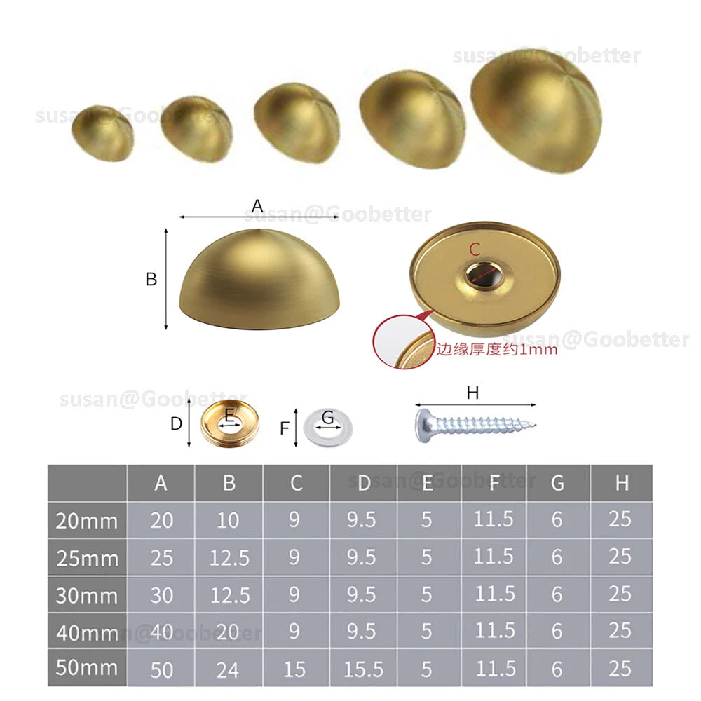Dome Screw Cover Caps 20–50mm – Electroplated Stainless Steel Mirror Screws, Silver & Gold