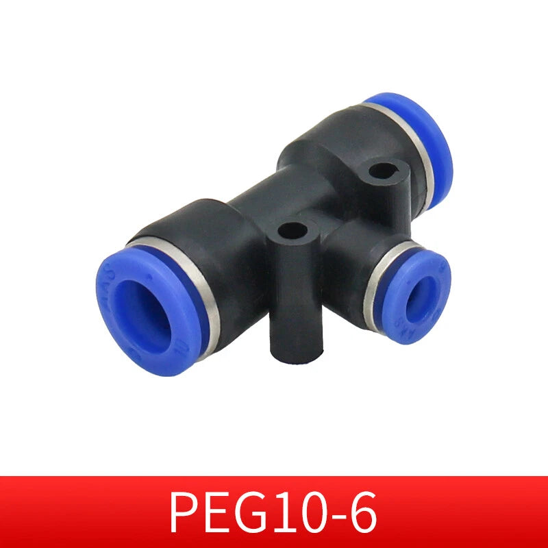Pneumatic Push-in T-Shape 3-Way Fitting — Air Water Tube Connector PE4–PE16 & Reducing