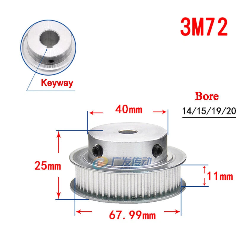 3M 20T-100T Timing Belt Pulley With Step/Keyway, Bore 8-25mm,For 10mm Width Belt