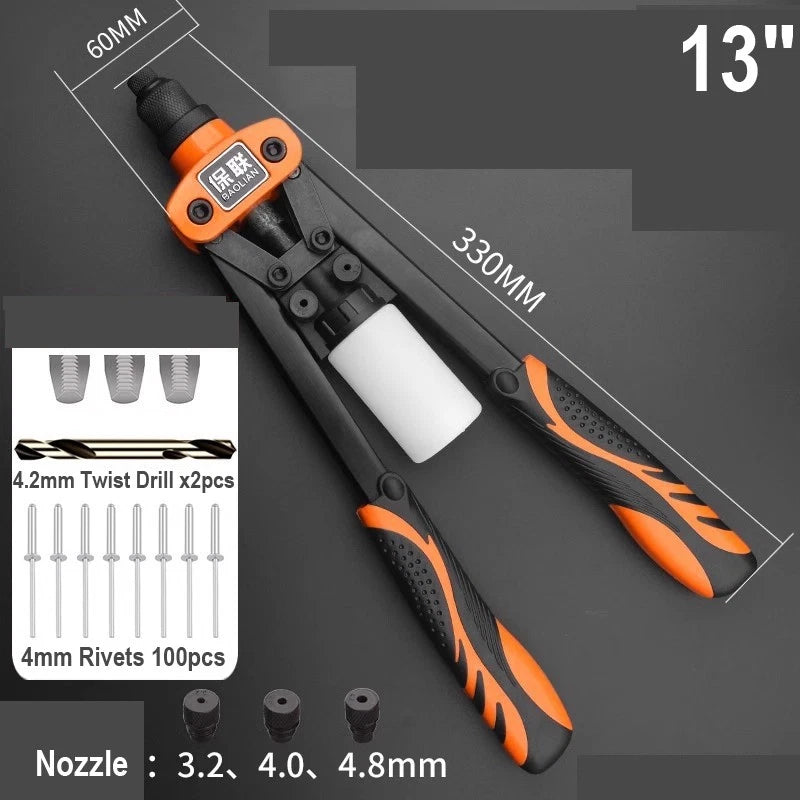 8"-17" Heavy Duty Hand Pop Rivet Gun Tool Kit With Rivets 4 Nozzle Head Wrench