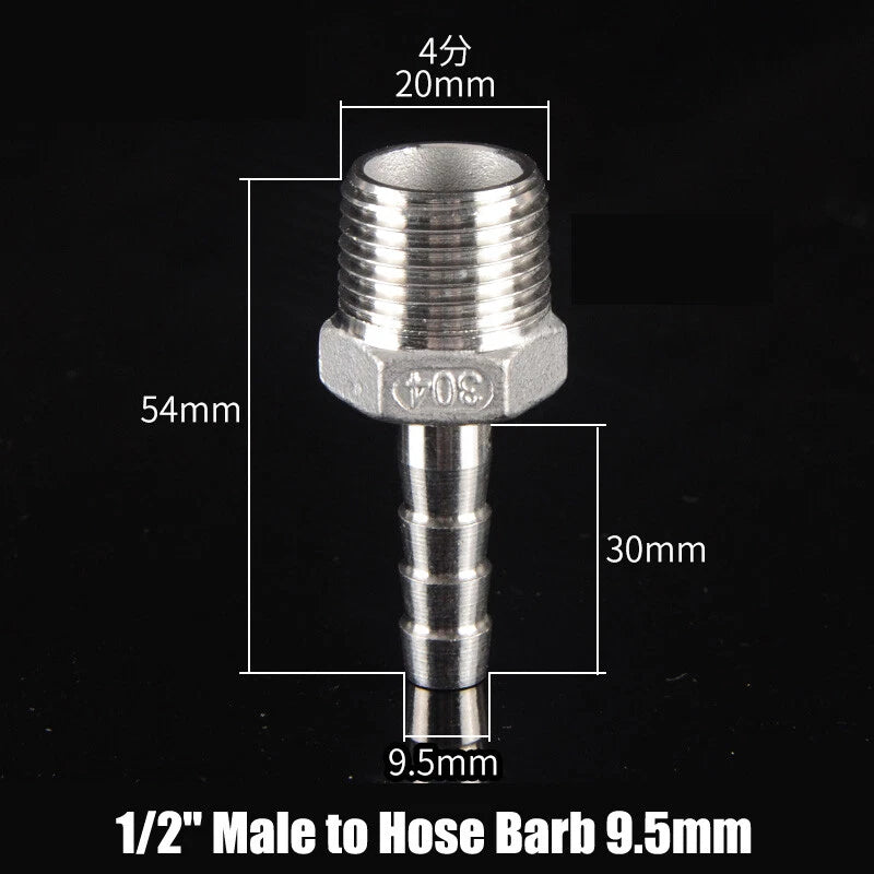 BSP Stainless Steel Male Hose Barb Fitting — 1/2" & 3/4" to Barb Connector