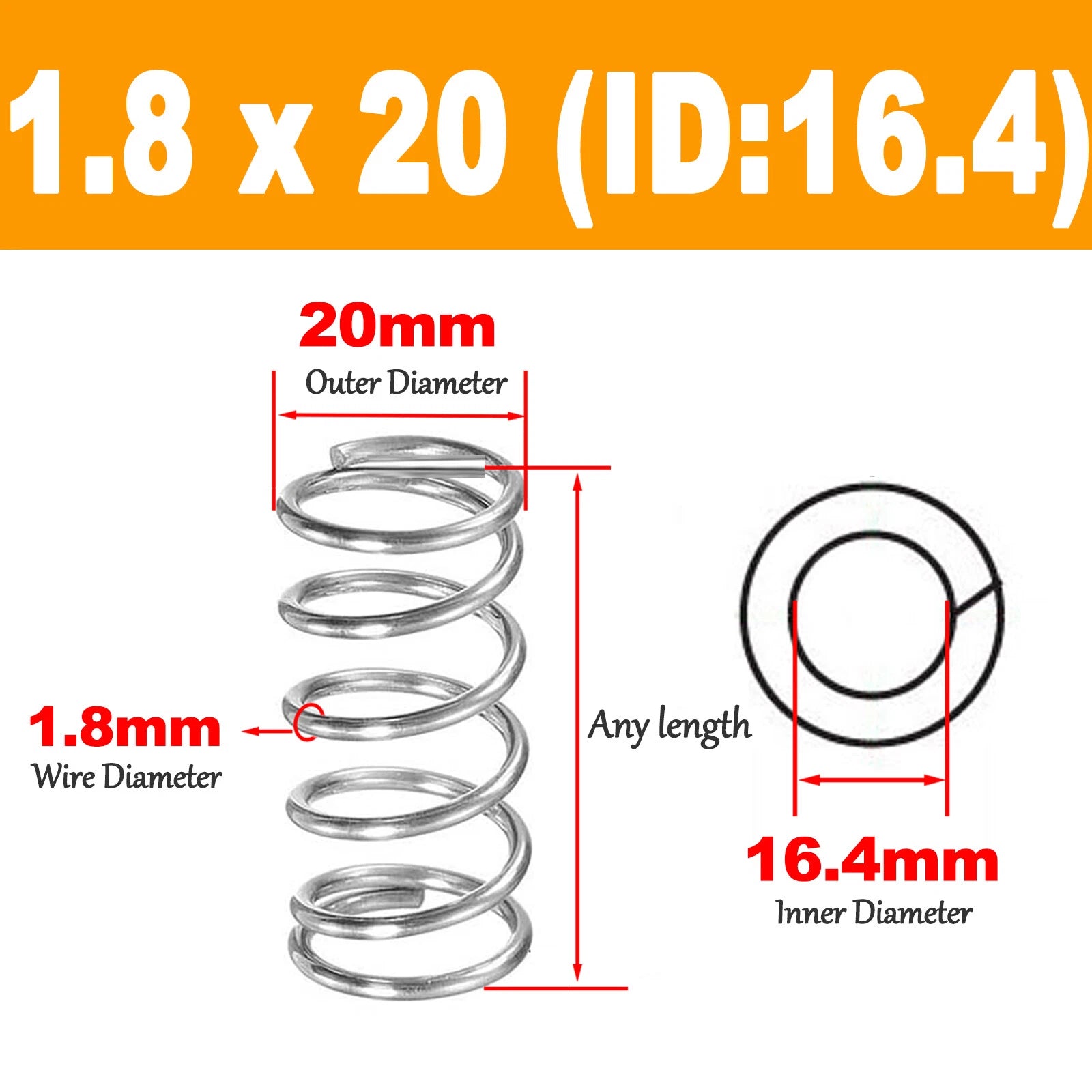 1.8mm 304 Stainles Steel Spring Compression Pressure Springs OD 18-30mm,L10-120m