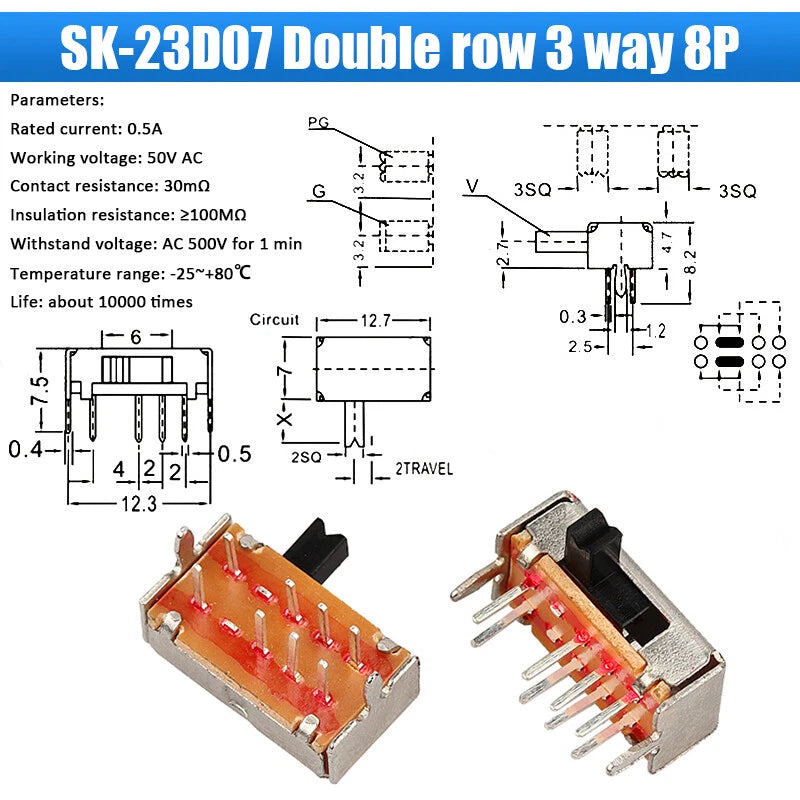 Slide Toggle Switch SS SK MSK MSS Series — 2/3-Way PCB Slide Switch, 3–8 Pin, Single & Double Row