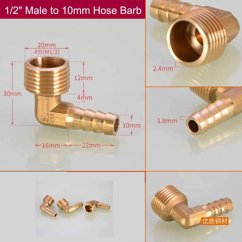 Brass Hose Barb Elbow Fittings — Male BSP to Metric Barb, 1/8" to 3/4" BSP