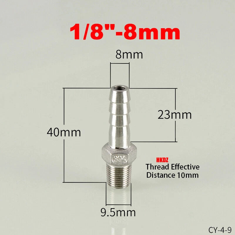 304 Stainless Steel Male Thread Barb Hose Tail Connector | 1/8" to 3/8" NPT
