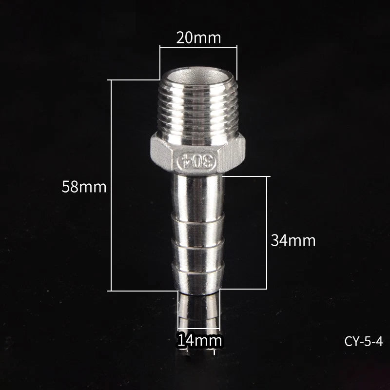 1/2" & 3/4" BSP Male Thread Hose Barb Tail Connector — Stainless Steel