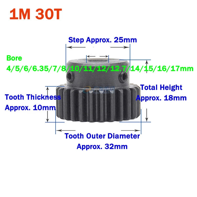 1 Module Spur Gear With Step 15-44 Teeth 45# Steel Pinion Gear Transmission Gear
