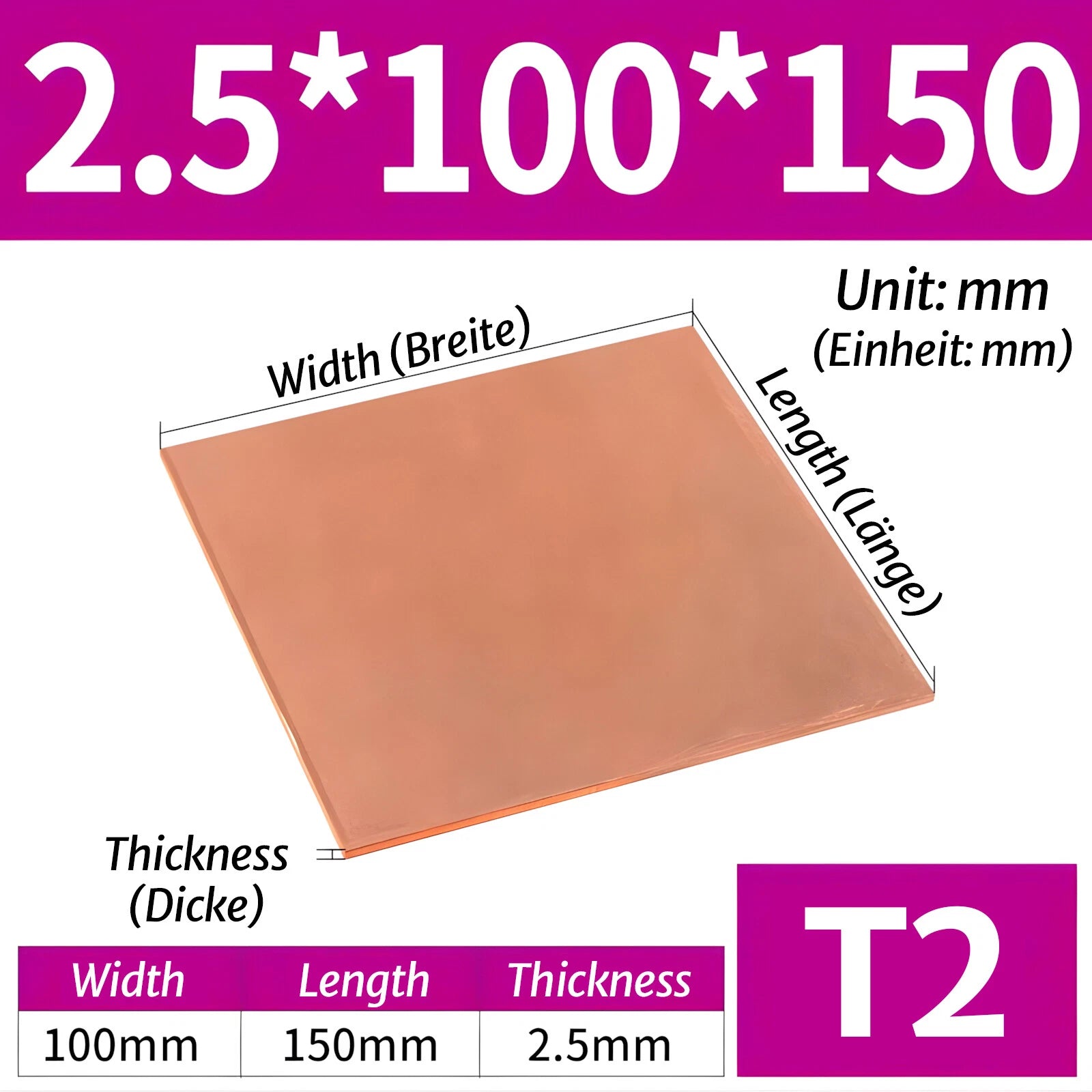 T2 Pure Copper Sheet/Plate Copper Block Laser Cut Many Sizes 2mm - 8mm Thick