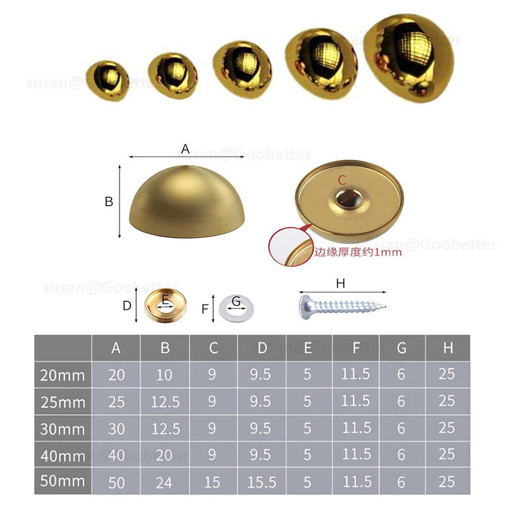Dome Screw Cover Caps 20–50mm – Electroplated Stainless Steel Mirror Screws, Silver & Gold
