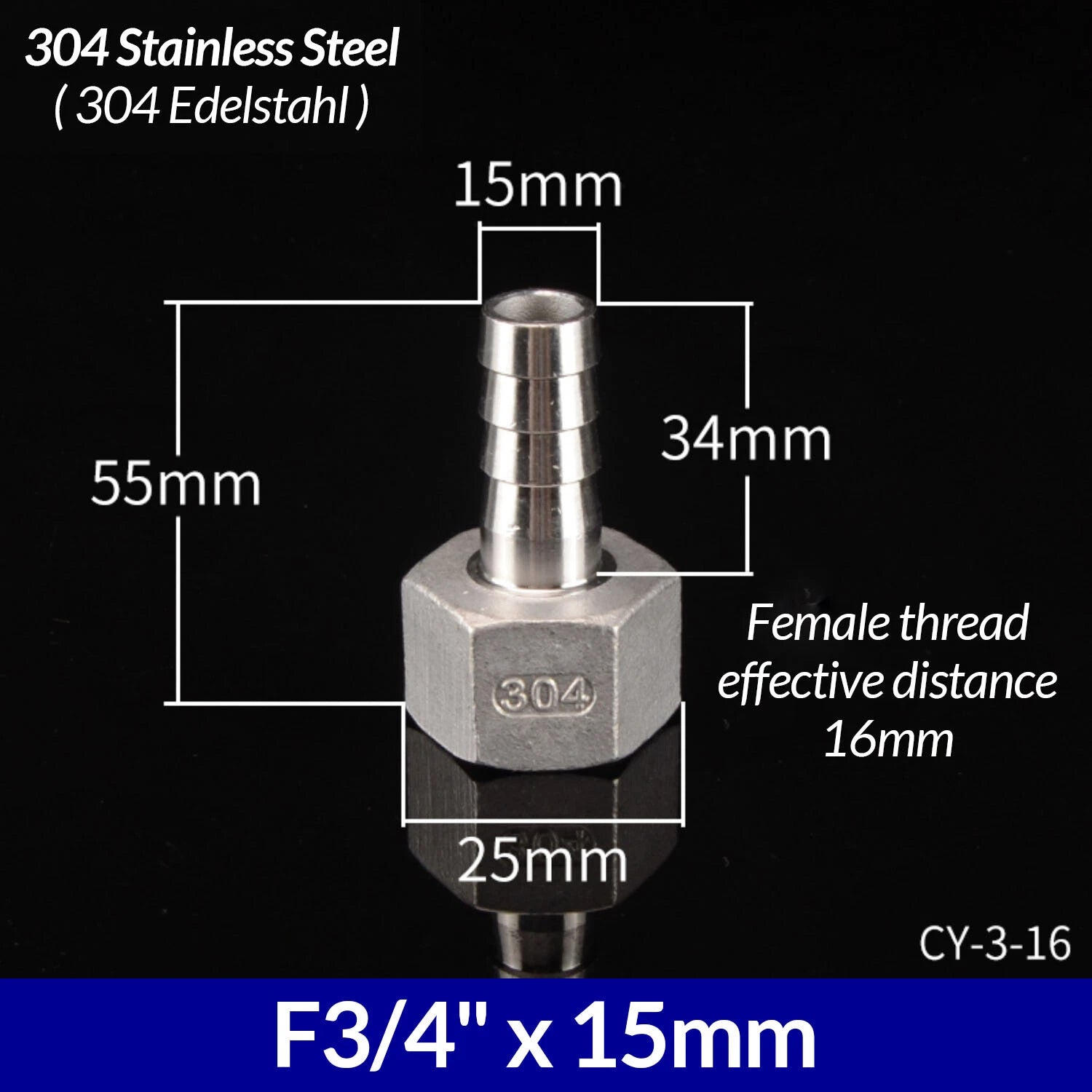 1/4" to 3/4" BSP Stainless Steel Female Fitting x Barb Hose Tail End Connector