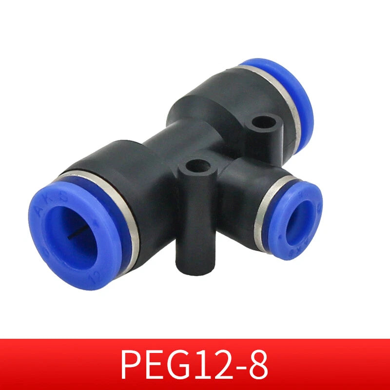 Pneumatic Push-in T-Shape 3-Way Fitting — Air Water Tube Connector PE4–PE16 & Reducing