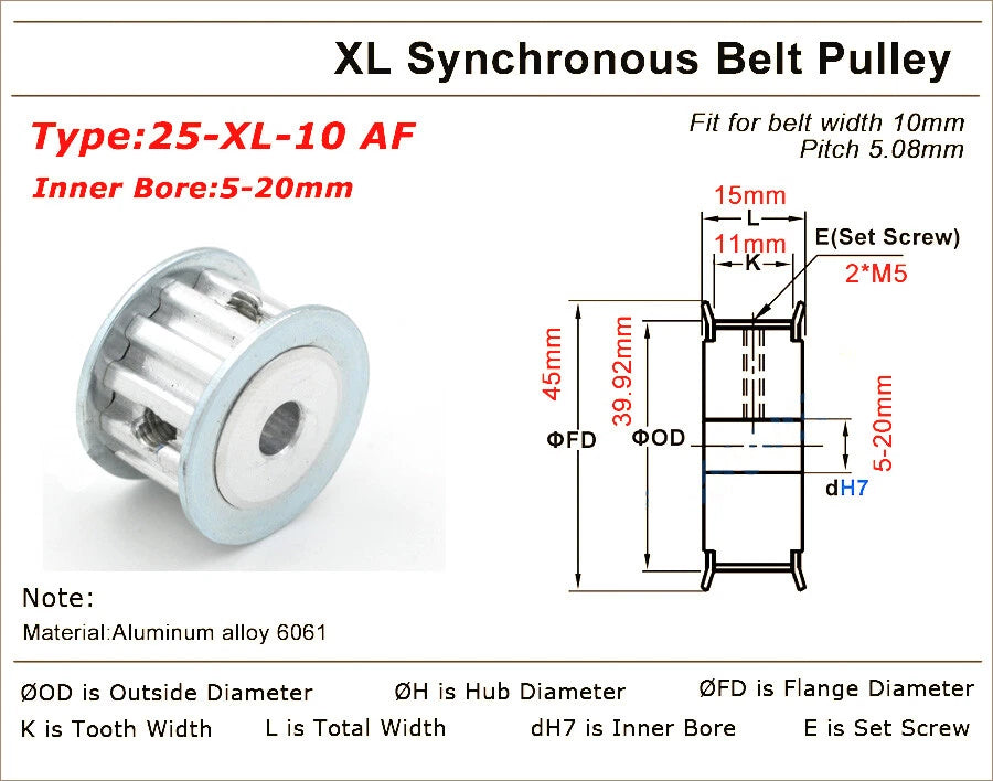 10-40Teeth XL Synchronous Pulley 3-25mm Timing Belt Width 11mm 3D Printer Drive