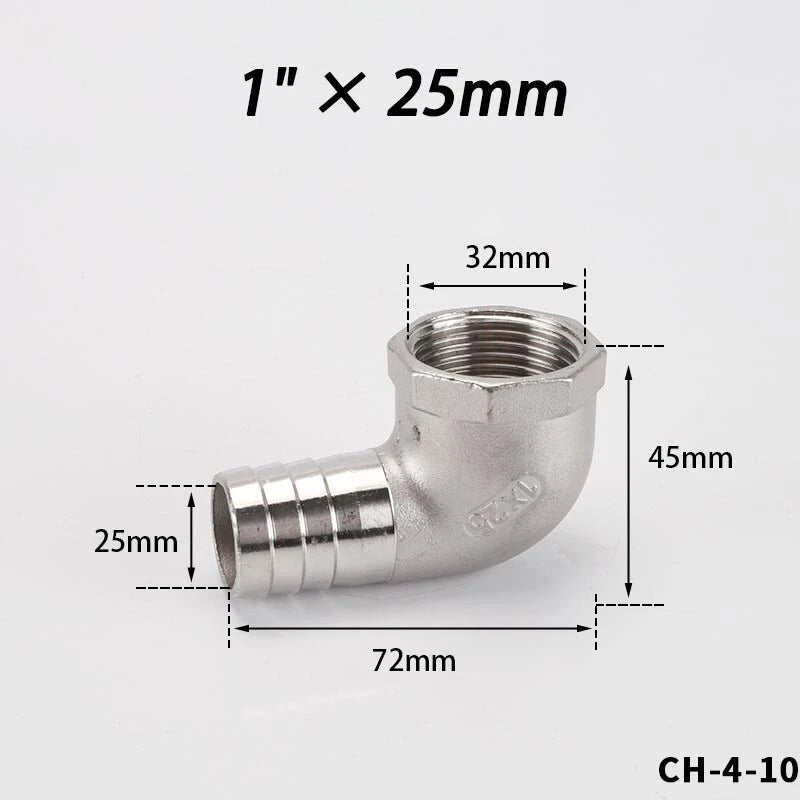 Stainless Steel Female Fitting x Barb Hose Tail End Elbow Connector 1 4" - 11 2"