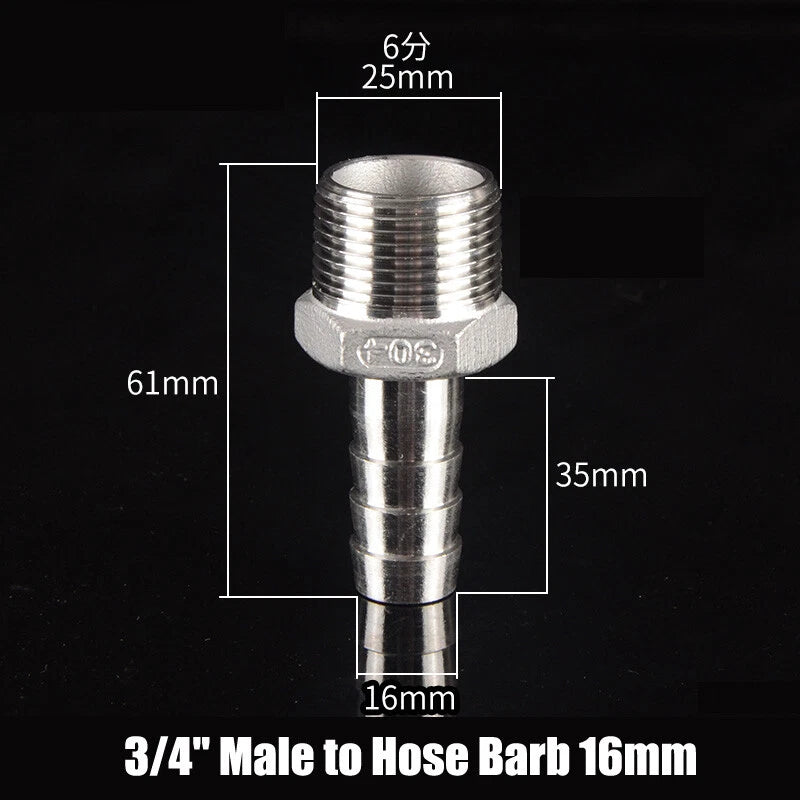 BSP Stainless Steel Male Hose Barb Fitting — 1/2" & 3/4" to Barb Connector