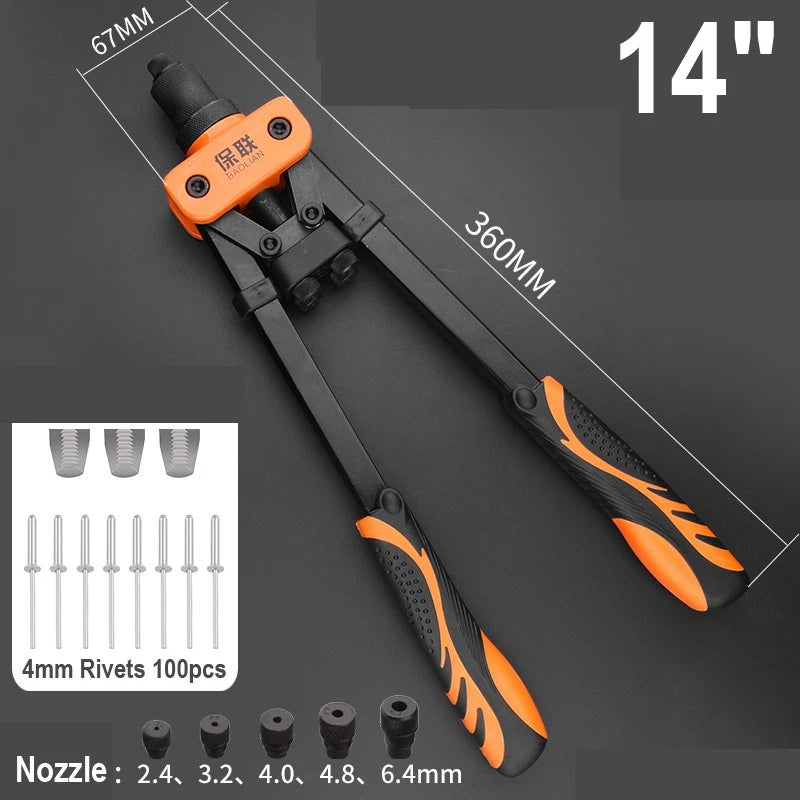 8"-17" Heavy Duty Hand Pop Rivet Gun Tool Kit With Rivets 4 Nozzle Head Wrench