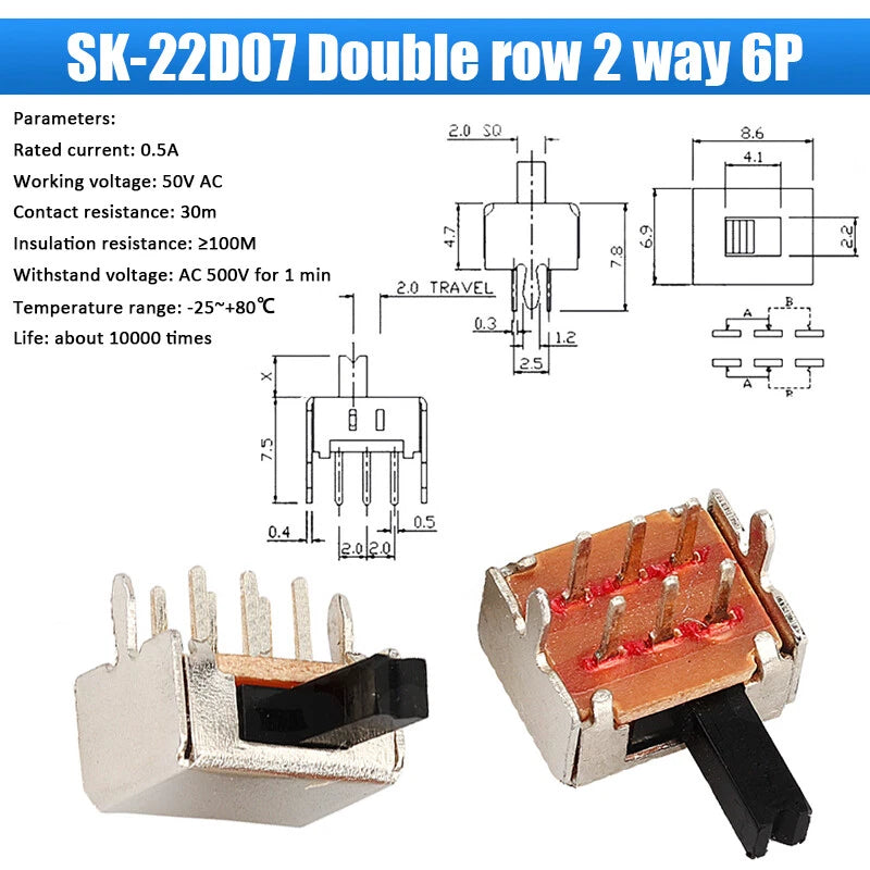 Slide Toggle Switch SS SK MSK MSS Series — 2/3-Way PCB Slide Switch, 3–8 Pin, Single & Double Row