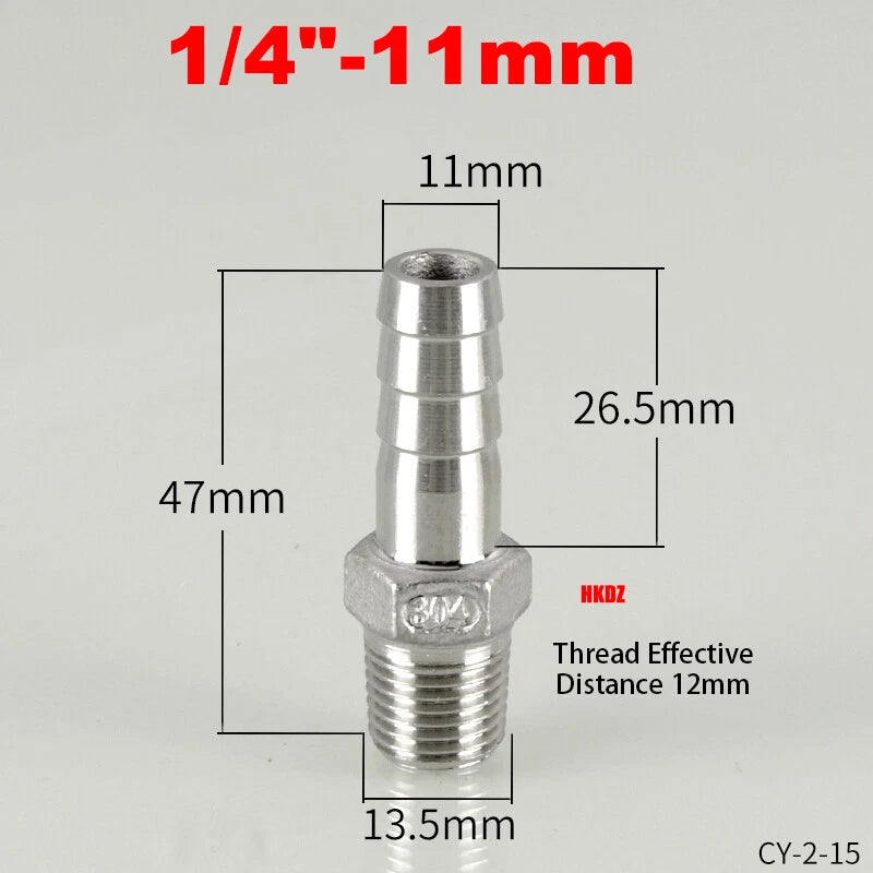 304 Stainless Steel Male Thread Barb Hose Tail Connector | 1/8" to 3/8" NPT
