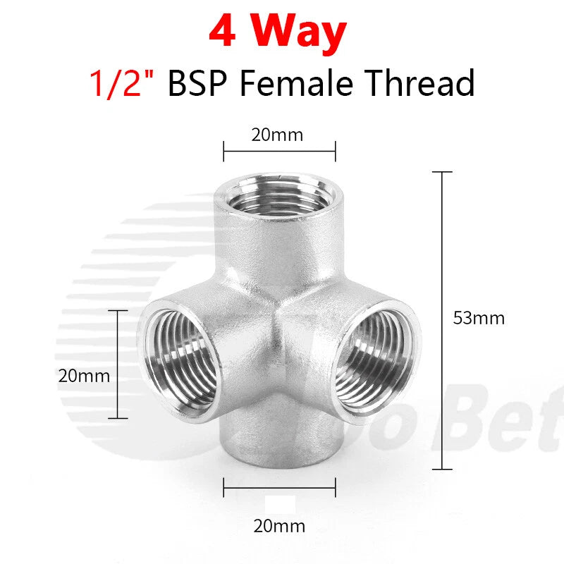 BSP Female Stainless Steel Pipe Fitting — 3/4/5-Way Adapter, 1/4" to 2"