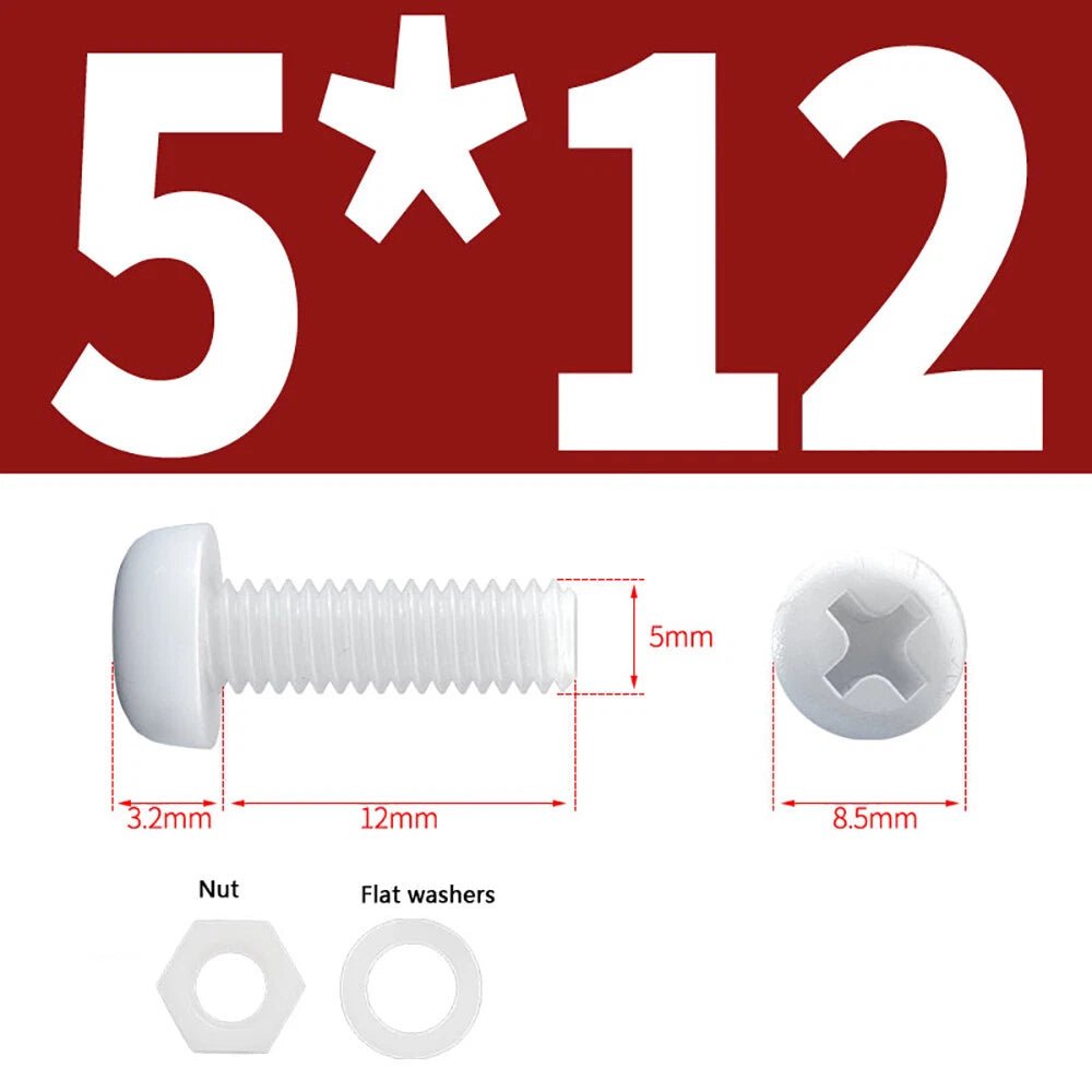 M4 M5 Nylon Phillips Pan Head Machine Screws with Hex Nuts and Flat Washers – White & Black - HomeDIYer