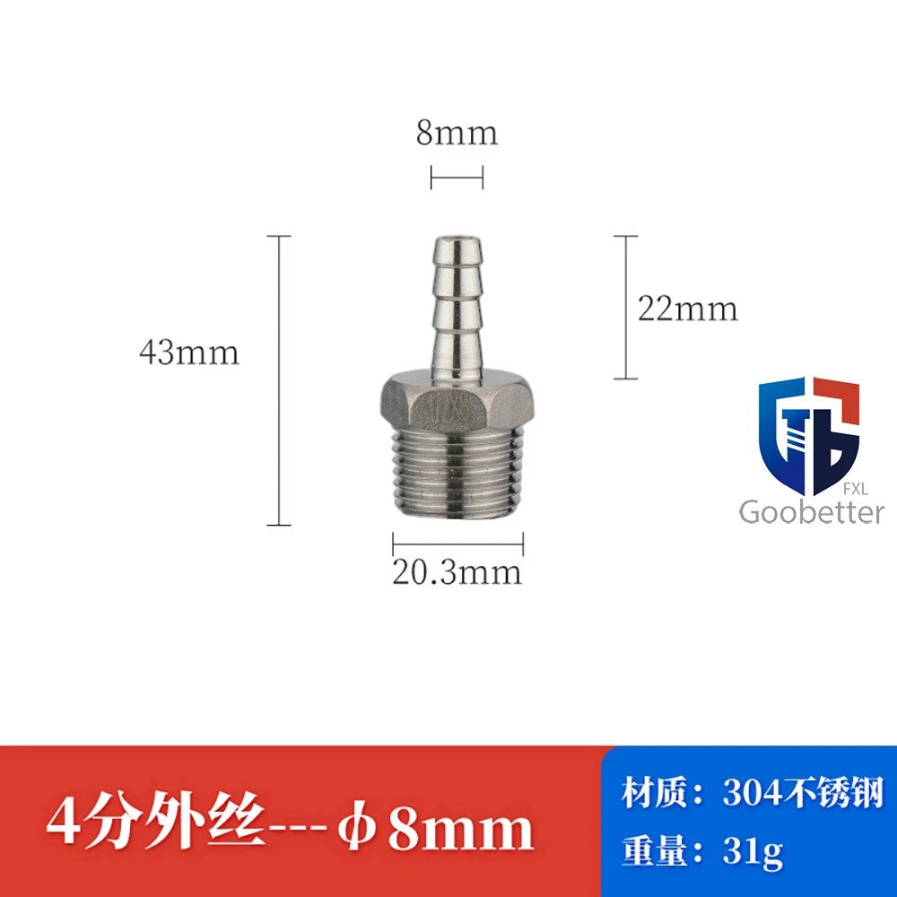 BSP Stainless Steel Male Thread Barb Hose Tail Connector — 1/8" to 2"