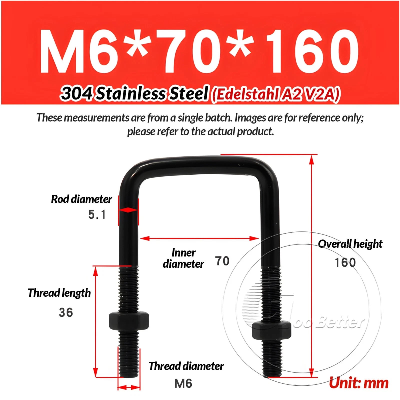 M6 M8 M10 Square U-Bolts Black 304 Stainless Steel with Nuts For Boat Trailer