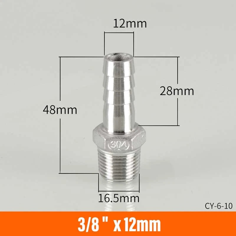 Stainless Steel BSP Male Thread x Barb Hose Tail Connector | 1/8" to 4"