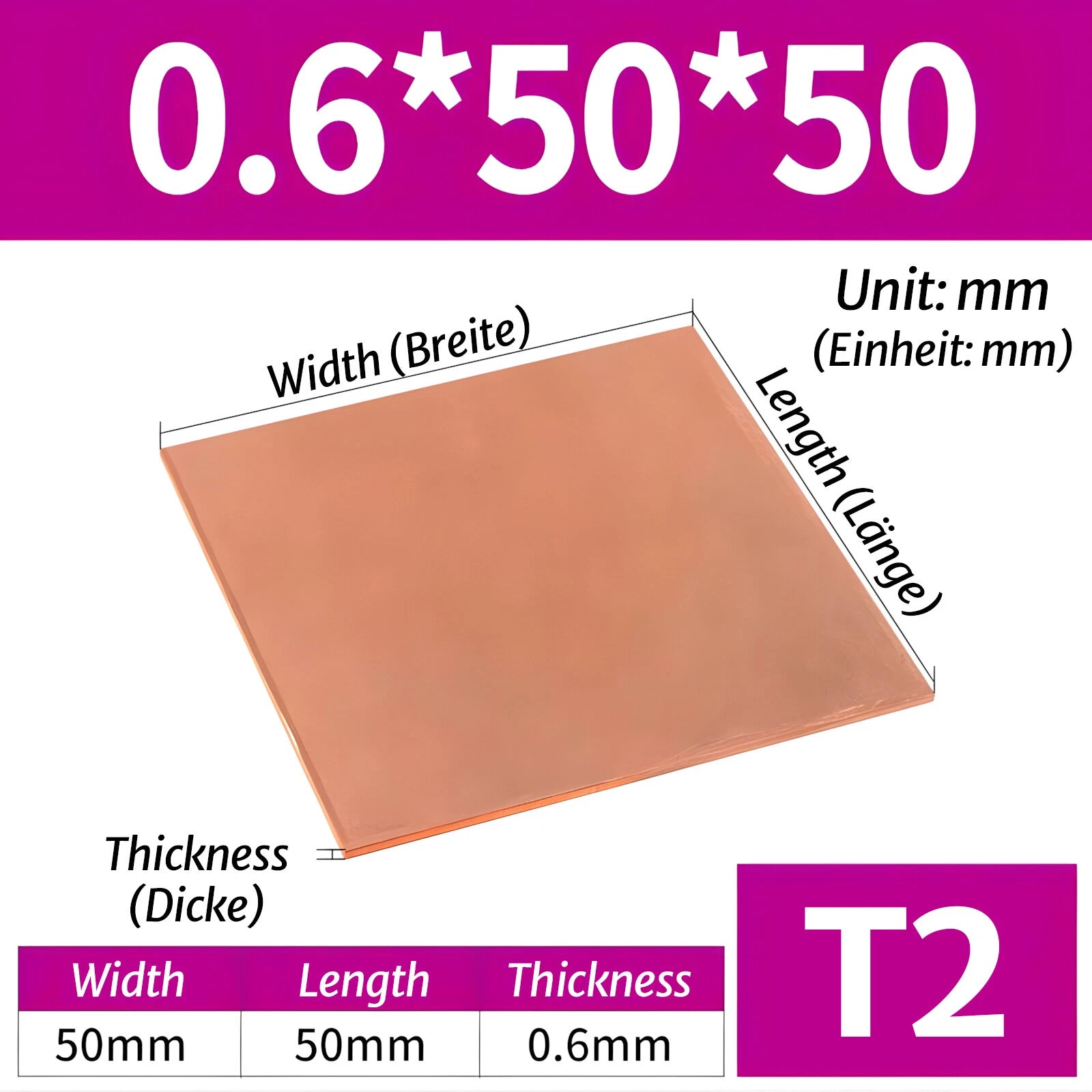T2 Pure Copper Sheet/Plate Copper Block Laser Cut Many Sizes 0.3mm - 8mm Thick