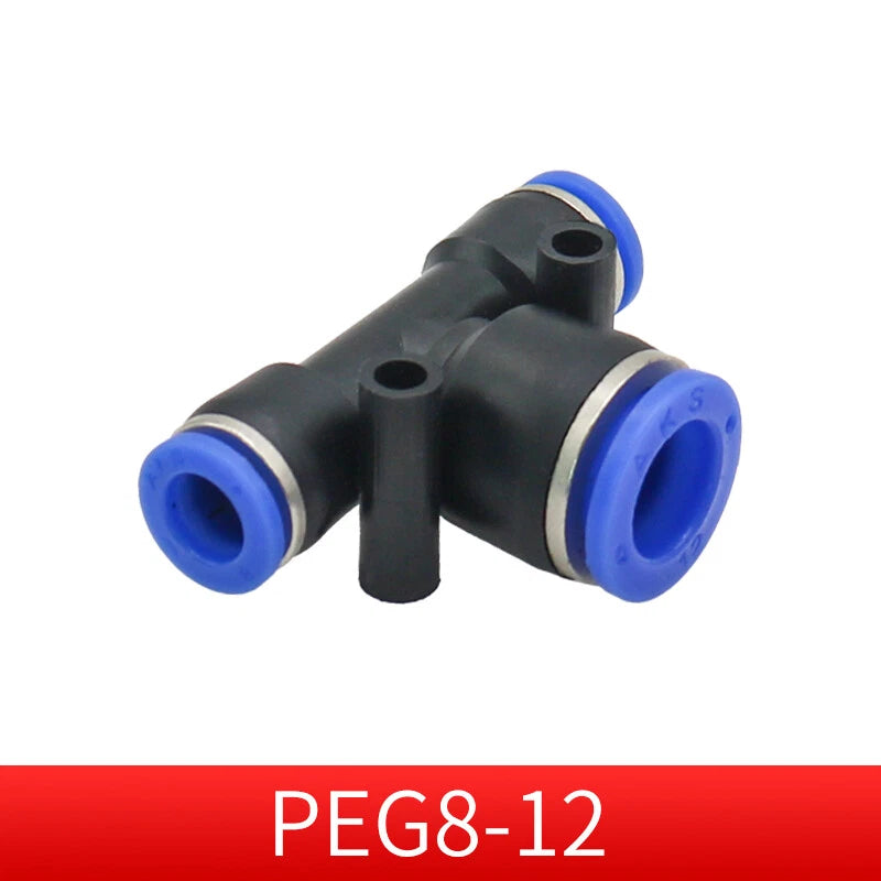Pneumatic Push-in T-Shape 3-Way Fitting — Air Water Tube Connector PE4–PE16 & Reducing