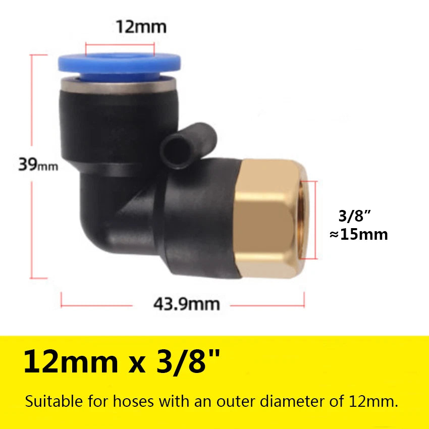 90° Elbow Push-to-Connect Pneumatic Fitting — 4mm to 12mm Hose OD, Female Thread