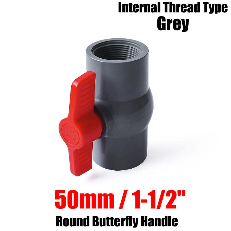 PVC Pipe Fittings 20mm-90mm Ball Valve Socket Solvent Weld-Female Thread Grey