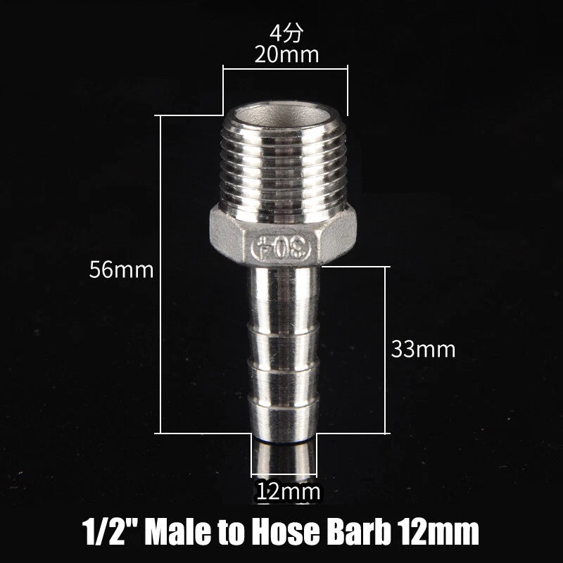 BSP Stainless Steel Male Hose Barb Fitting — 1/2" & 3/4" to Barb Connector