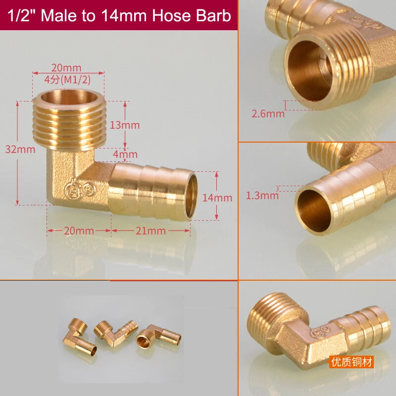 Brass Hose Barb Elbow Fittings — Male BSP to Metric Barb, 1/8" to 3/4" BSP