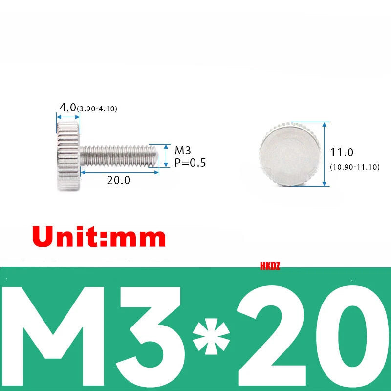 M3/M4 5mm to 20mm Flat Head Knurled Thumb Screws 303 Stainless Steel Hand Bolts