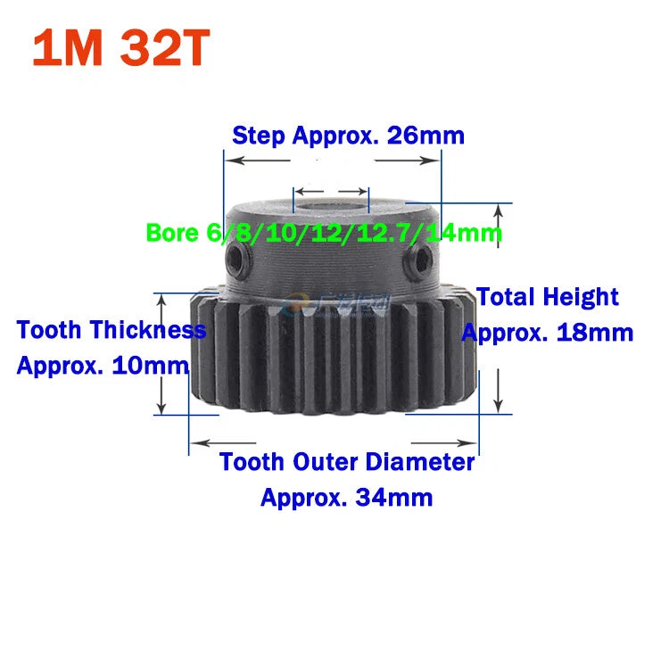 1 Module Spur Gear With Step 15-44 Teeth 45# Steel Pinion Gear Transmission Gear