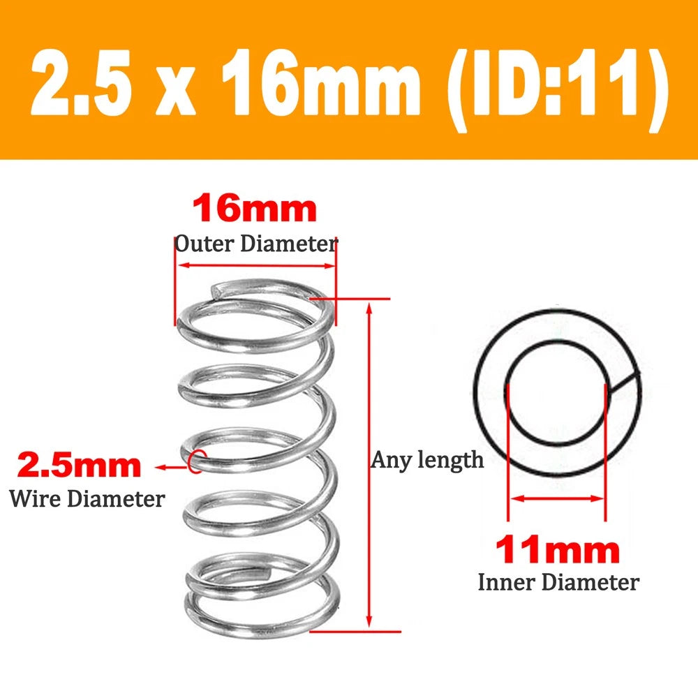 304 Stainless Steel Compression Spring Wire Dia 2.5mm, L 20-100mm, OD 12-36mm