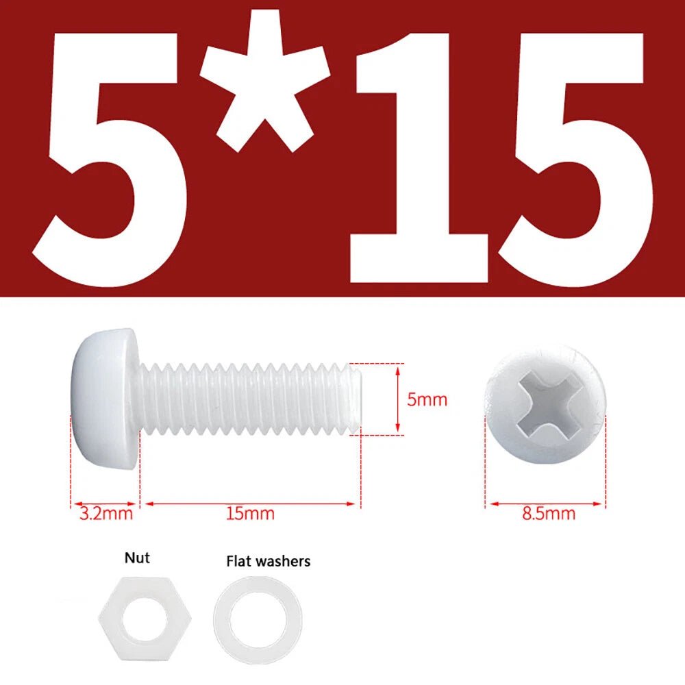 M4 M5 Nylon Phillips Pan Head Machine Screws with Hex Nuts and Flat Washers – White & Black - HomeDIYer