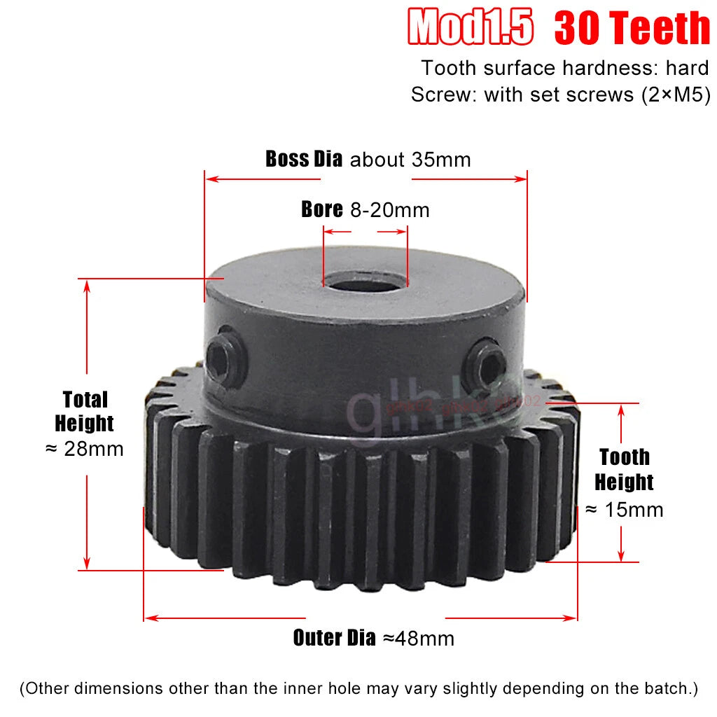 Mod1.5 Steel Pinion Gear Spur Gear 12-100 Teeth 4-25mm Bore With Screw Blackened