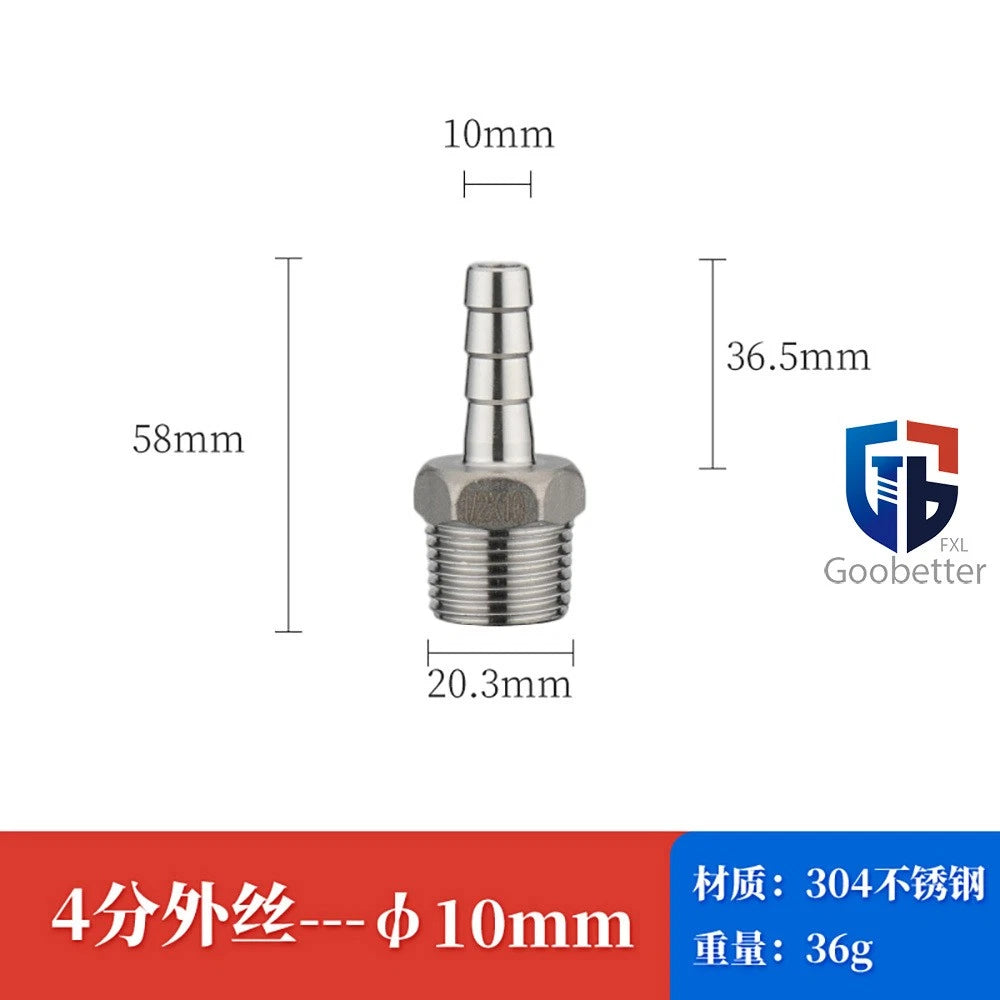 BSP Stainless Steel Male Thread Barb Hose Tail Connector — 1/8" to 2"