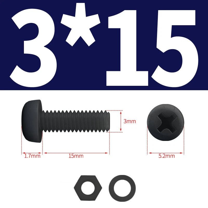 Black Nylon Phillips Machine Screws with Nuts & Washers — Metric M2 to M8 - HomeDIYer