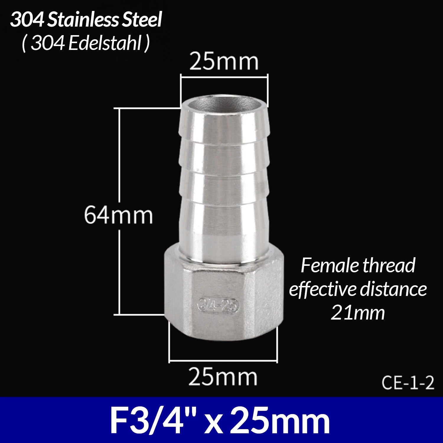 1/4" to 3/4" BSP Stainless Steel Female Fitting x Barb Hose Tail End Connector