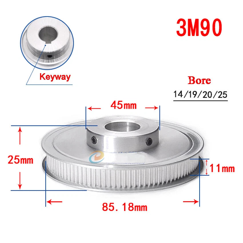 3M 20T-100T Timing Belt Pulley With Step/Keyway, Bore 8-25mm,For 10mm Width Belt
