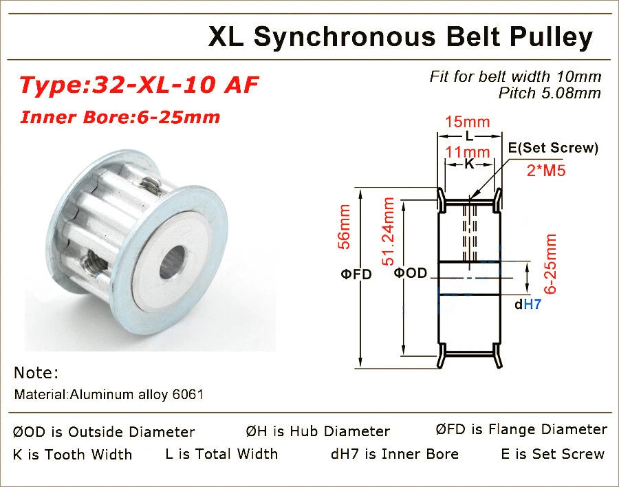 10-40Teeth XL Synchronous Pulley 3-25mm Timing Belt Width 11mm 3D Printer Drive