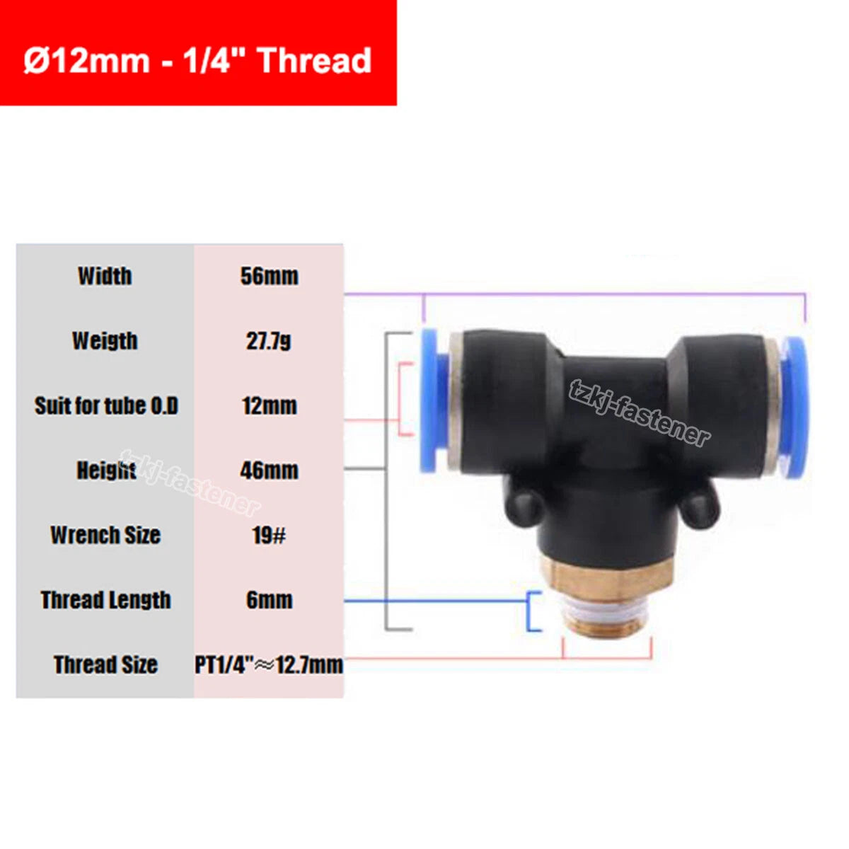 Pneumatic Tee "T" Connector BSP Male Thread 4mm-16mm Hose Tube Push-In Fittings