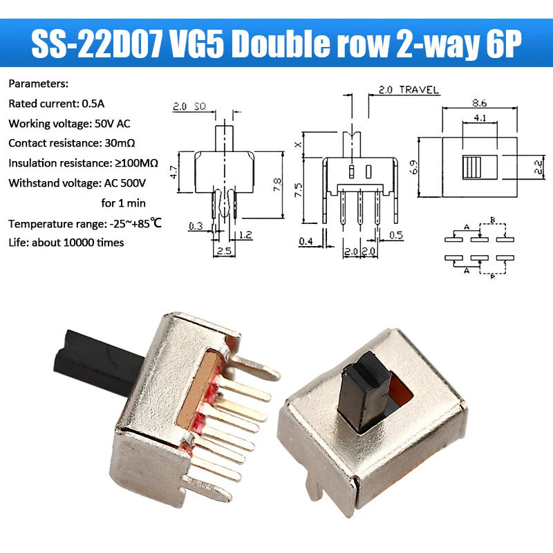 Slide Toggle Switch SS SK MSK MSS Series — 2/3-Way PCB Slide Switch, 3–8 Pin, Single & Double Row