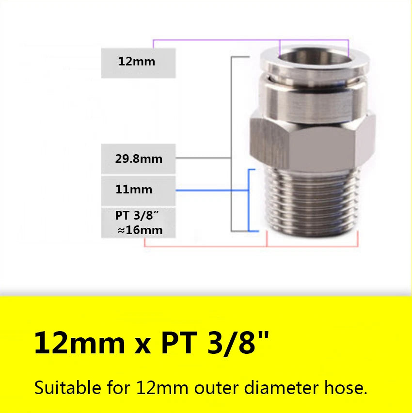 Stainless Steel 304 Push-In Straight Fitting — PT Male Thread x Hose Barb Adapter (4mm–16mm OD)